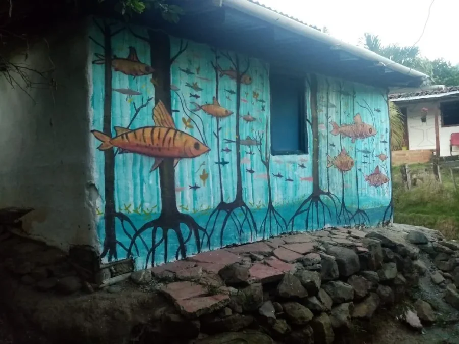 Detalle 3 de Mural Lo que trajo el río, 2020, Puente Iglesias, Antioquia